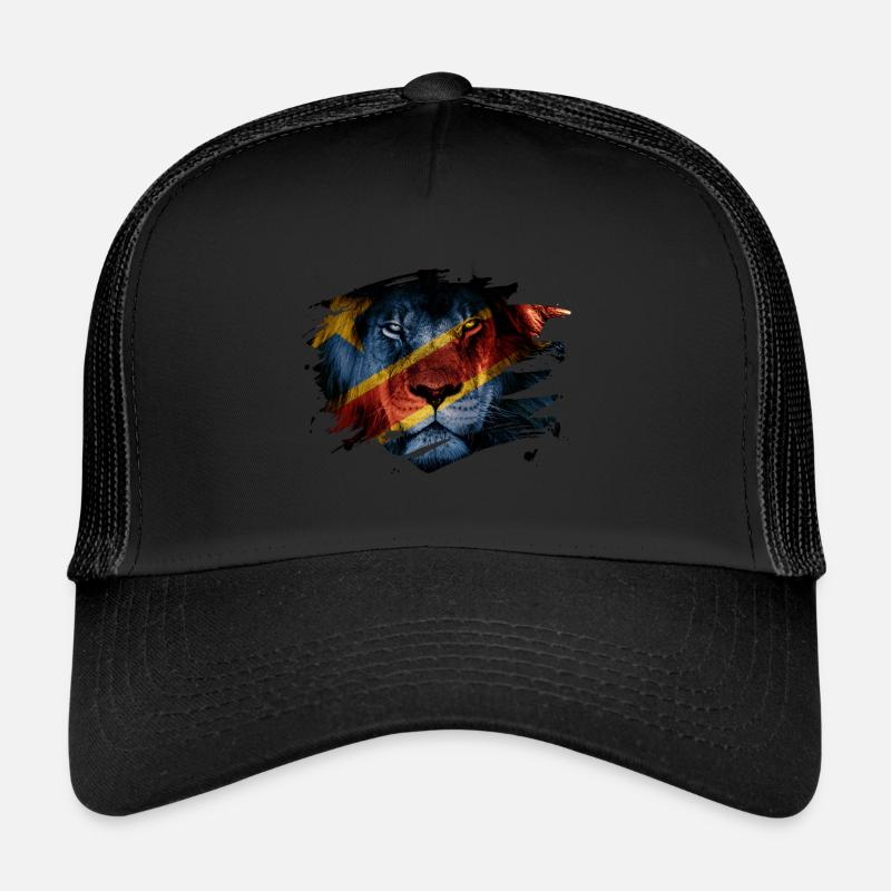Drapeau de la RD Congo et photo de lion d'Afrique - Casquette trucker  - noir/noir
