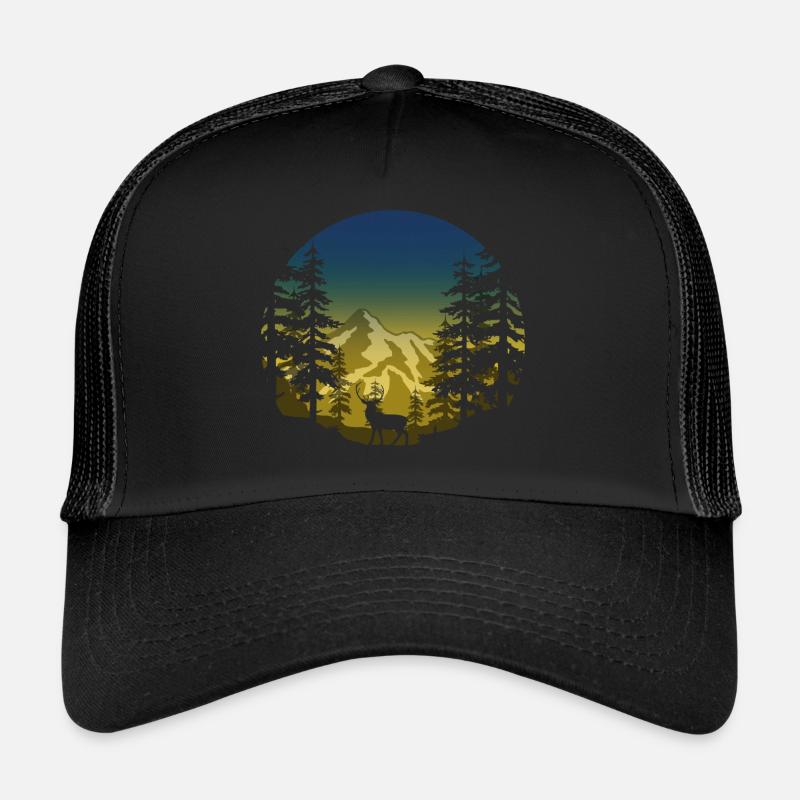 Hirsch im Wald (rund/blau-gelb) - Trucker Cap - Schwarz/Schwarz