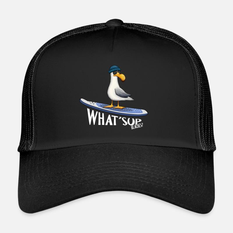 WHAT SUP Beaches Nordsee Ostsee Surfer Möwe - Trucker Cap - Schwarz/Schwarz