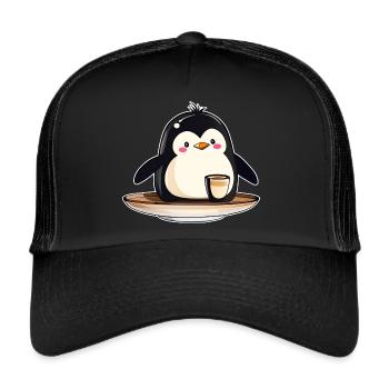 Niedlicher Pinguin mit Kaffee III - Trucker Cap - Schwarz/Schwarz - Vorne