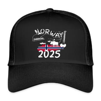 Norwegen 2025 Steinbeisser mit Bergen Elch Angeln - Trucker Cap - Schwarz/Schwarz - Vorne