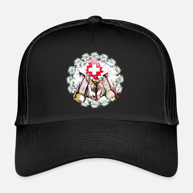 Herdkuh mit Schweizer Flagge und Edelweiß Trucker Cap