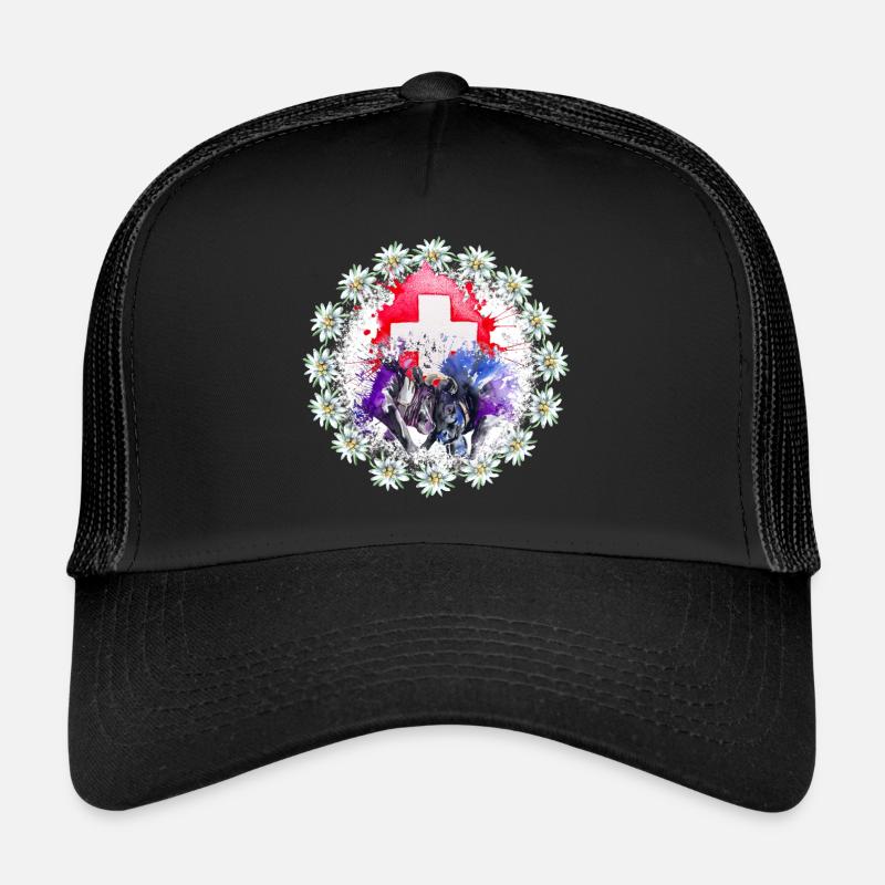 Herdkuh mit Schweizer Flagge und Edelweiß Trucker Cap