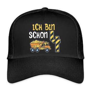 4. Geburtstag Junge 4 Jahre alt Baustelle Kipper - Trucker Cap - Schwarz/Schwarz - Vorne