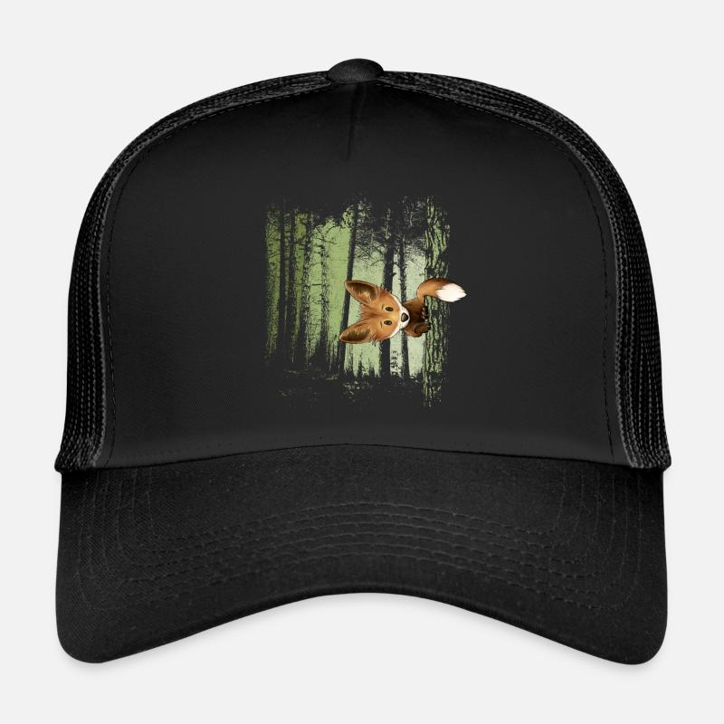 Lässiger Fuchs hinterm Baum im Zwielicht-Wald - Trucker Cap - Schwarz/Schwarz