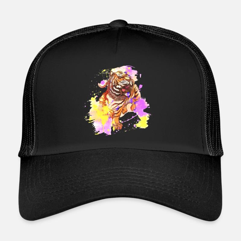 Tiger Splash Grunge Bunt Tier Raubtier Kunst - Trucker Cap - Schwarz/Schwarz