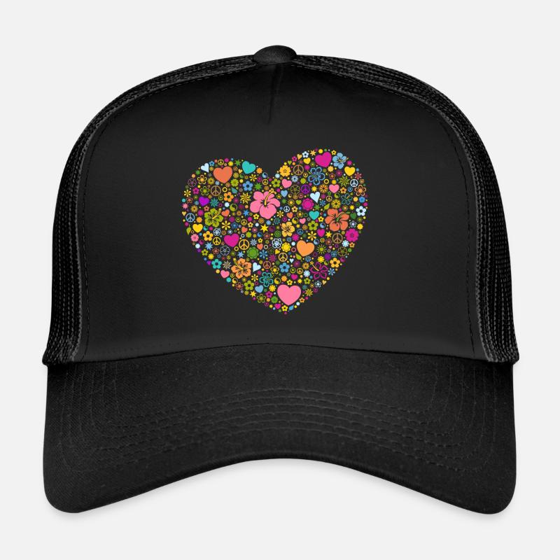 Herzen Blumen Blüten Peace-Zeichen Yin und Yang - Trucker Cap - Schwarz/Schwarz