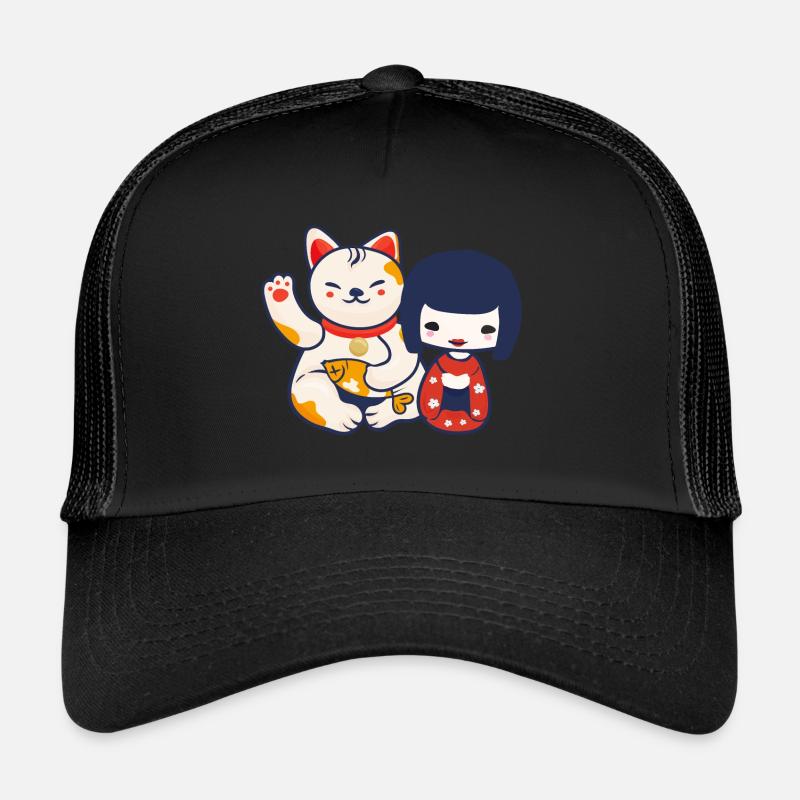 Kokeshi-Puppe mit Maneki Neko Lucky Winking Cat - Trucker Cap - Schwarz/Schwarz