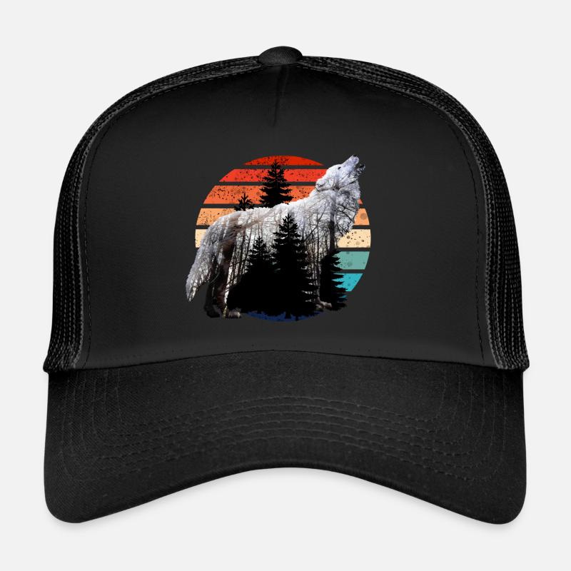 heulender Wolf Doppelbelichtung mit Retro Sunset - Trucker Cap - Schwarz/Schwarz