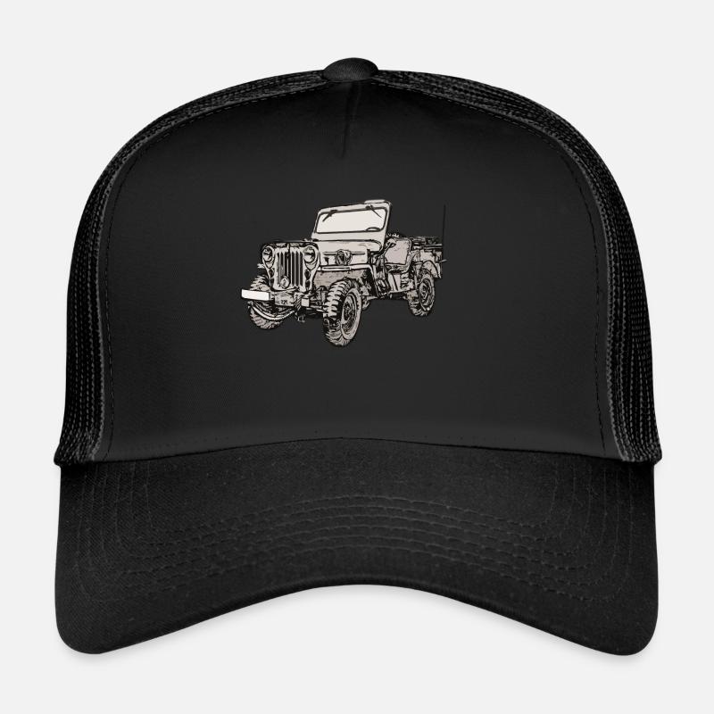 Willys Jeep Zeichnung - Trucker Cap - Schwarz/Schwarz