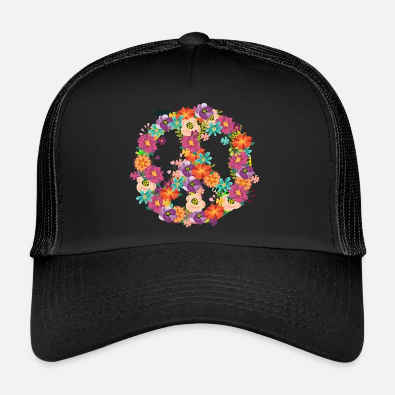 Hippie Flower Power Peace Friede 60s 70s Geschenk - Trucker Cap - Schwarz/Schwarz