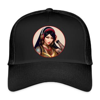Beauté asiatique avec tatouages et écouteurs - Casquette trucker  - noir/noir - Devant