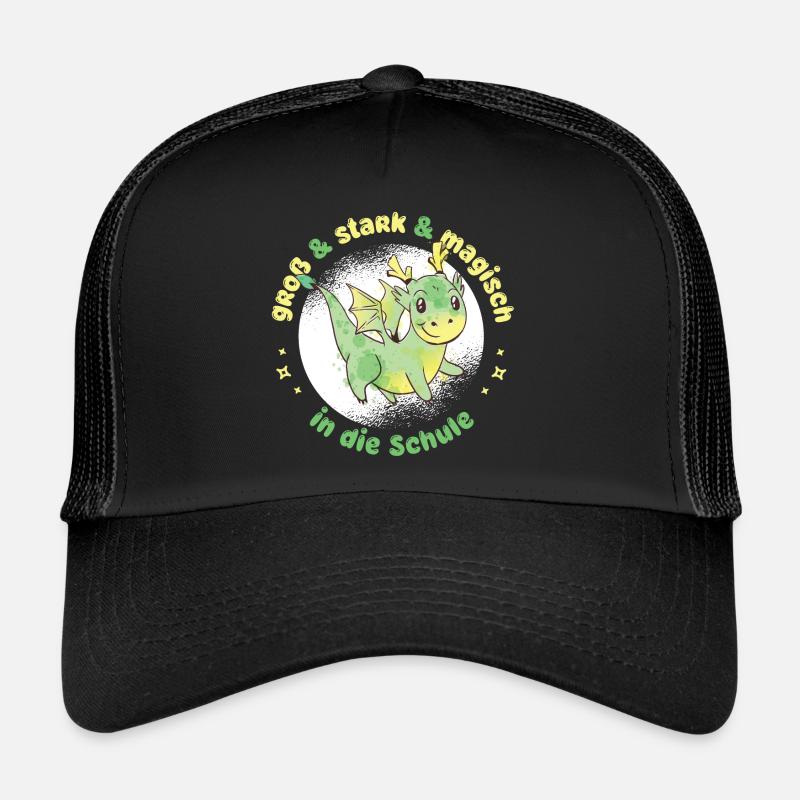 Drache Dino Einschulung - "magisch in die Schule" - Trucker Cap - Schwarz/Schwarz