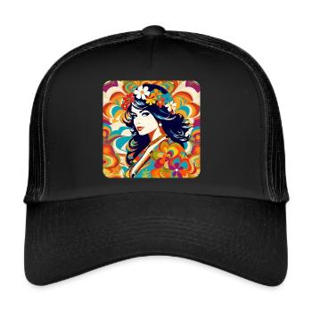 Flower Power Frau in Retro Look - Trucker Cap - Schwarz/Schwarz - Vorne