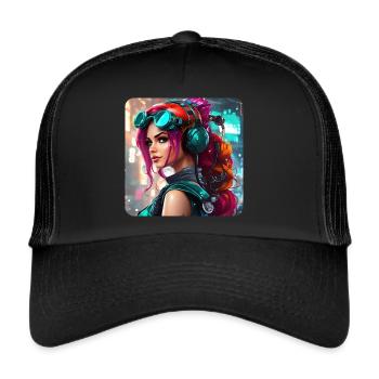 Cool cyberpunk girl with headphones - Trucker Cap - black/black - Front