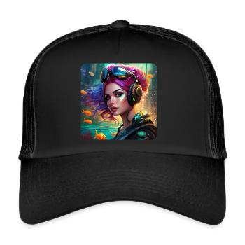 Cool cyberpunk girl with headphones and fish - Trucker Cap - black/black - Front
