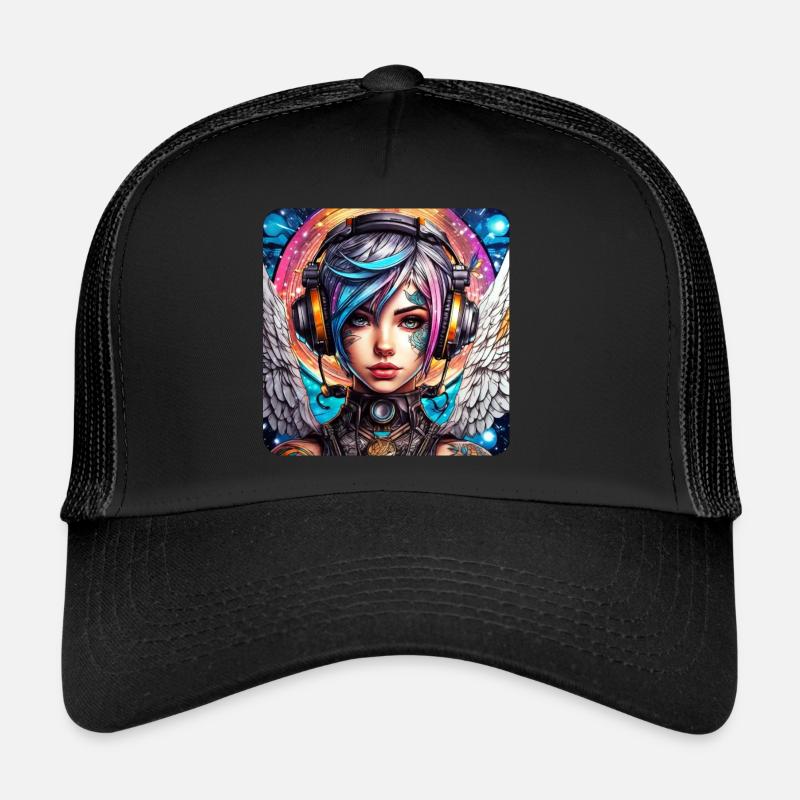 Cooler Cyberpunk Engel mit Kopfhörer - Trucker Cap - Schwarz/Schwarz