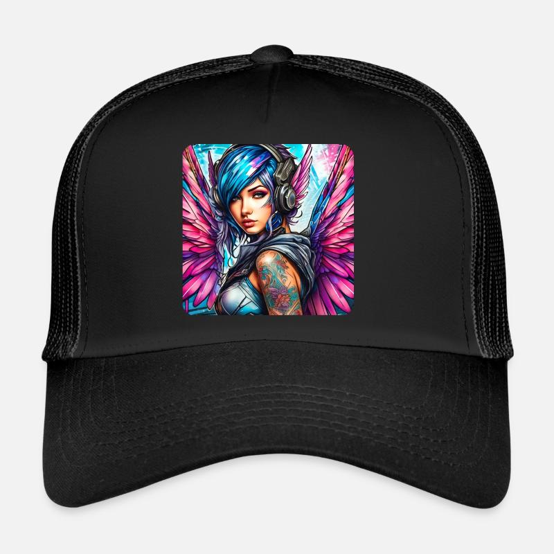 Cooler Cyberpunk Engel mit Kopfhörer - Trucker Cap - Schwarz/Schwarz