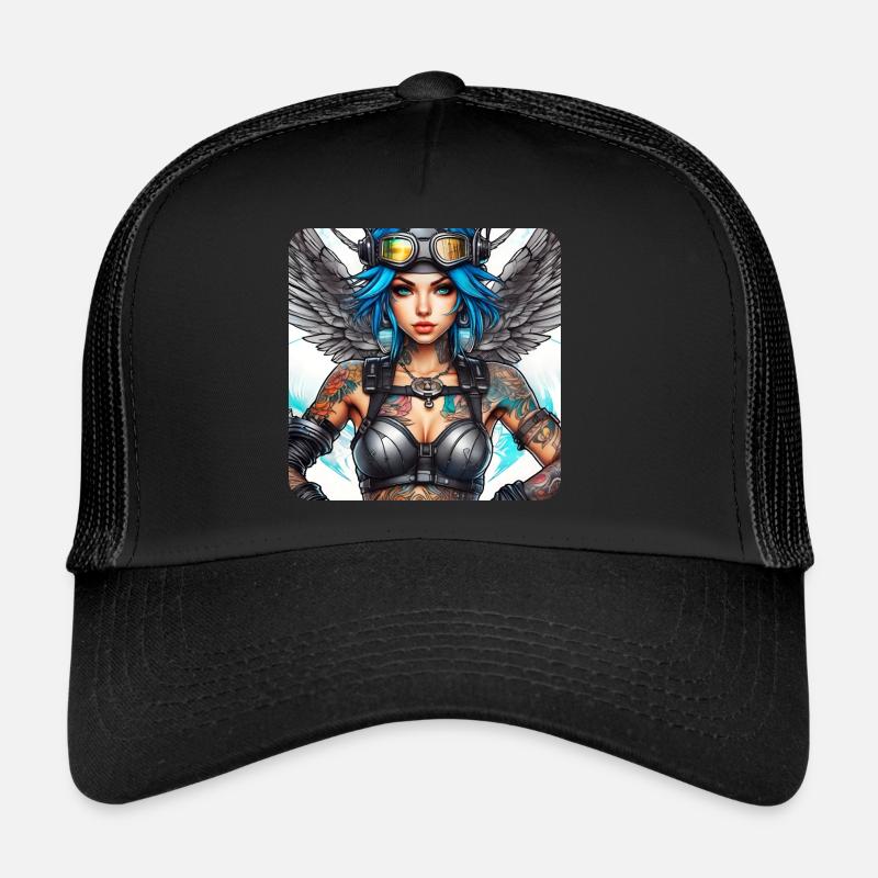 Cooler Cyberpunk Engel mit Kopfhörer - Trucker Cap - Schwarz/Schwarz
