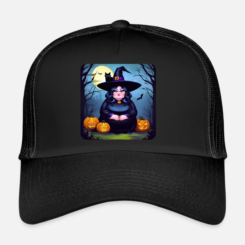 Grosse sorcière avec chat noir et jack-o'-lanterns Casquette trucker 