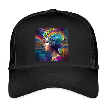 Cooles buntes Psychedelisches Motiv Frau - Trucker Cap - Schwarz/Schwarz - Vorne