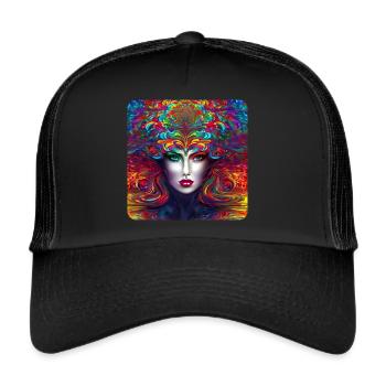 Cooles buntes Psychedelisches Motiv Frau - Trucker Cap - Schwarz/Schwarz - Vorne