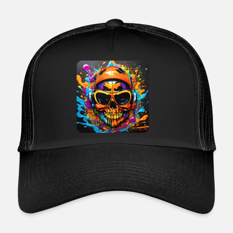 Cooler Totenkopf mit Kopfhörer Graffiti Style - Trucker Cap - Schwarz/Schwarz