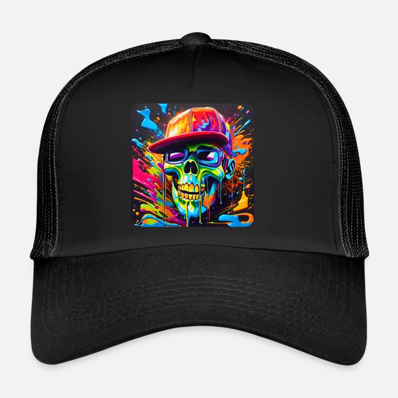 Cooler Totenkopf mit Sonnenbrille im Graffiti Stil - Trucker Cap - Schwarz/Schwarz