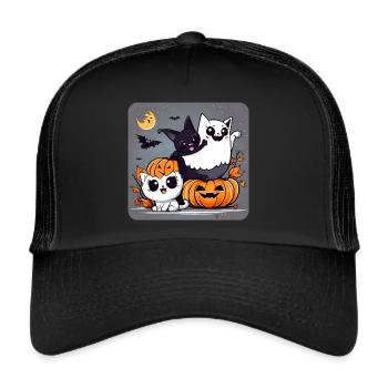Geistertrio Schwarze Katze, Fledermaus und Geist - Trucker Cap - Schwarz/Schwarz - Vorne
