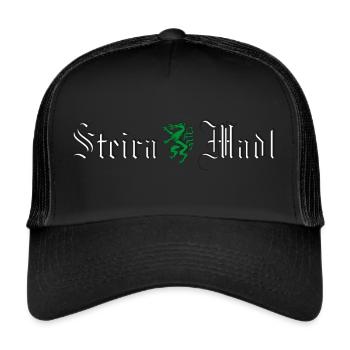 Steiramadl mit Panther Geschenk Steiermark - Trucker Cap - Schwarz/Schwarz - Vorne