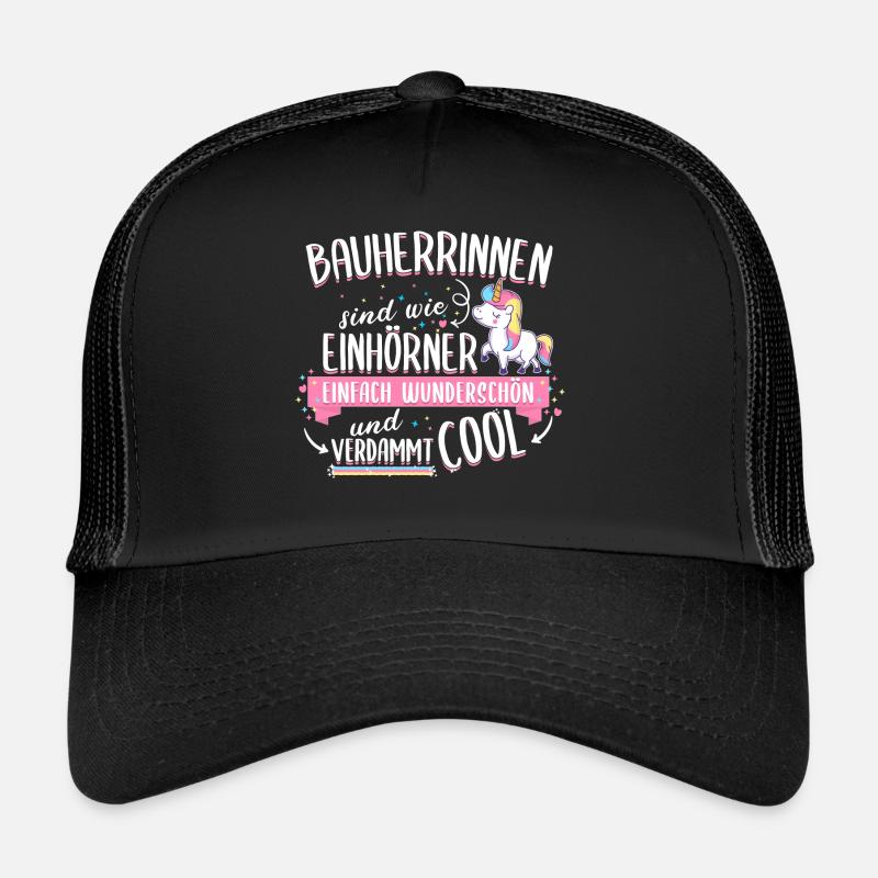 Bauherrin Bauherr Hausbau Einhorn Spruch - Trucker Cap - Schwarz/Schwarz