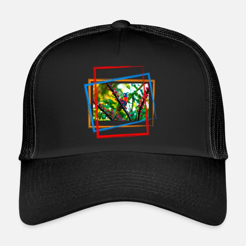 Bunter Papagei auf einem Ast mit farbigen Akzenten - Trucker Cap - Schwarz/Schwarz