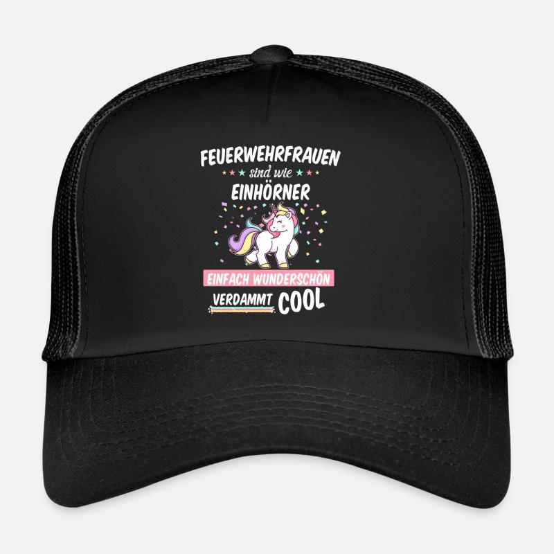 Feuerwehrfrau Feuerwehr Einhorn Beruf Spruch - Trucker Cap - Schwarz/Schwarz