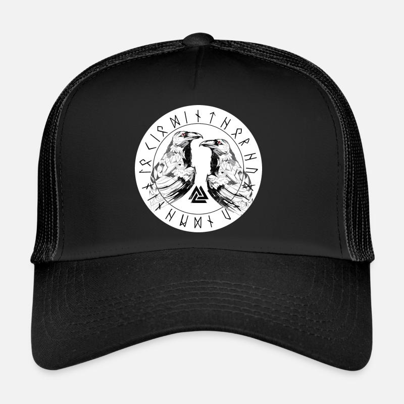 Hugin and Munin Odin's Ravens Walhalla Runes Valknut - Trucker Cap - black/black
