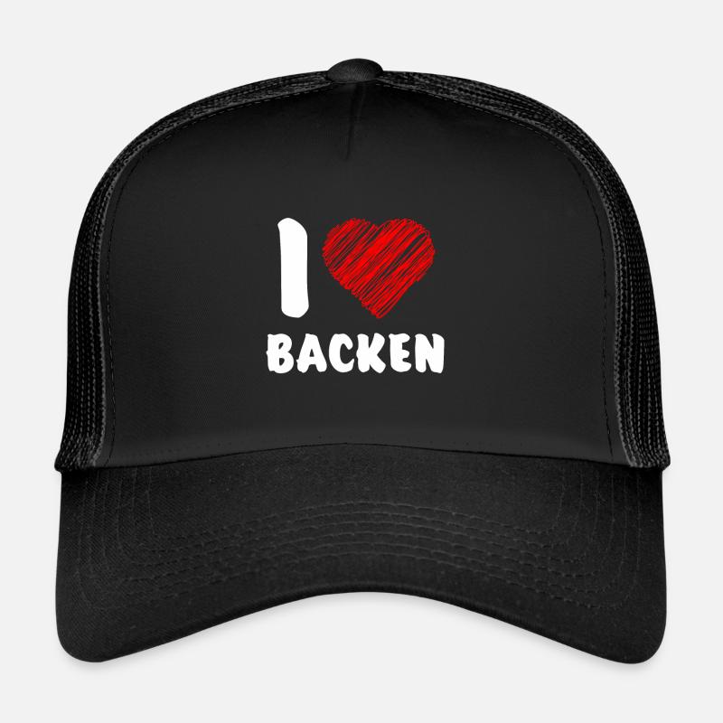 I love backen Motto Spruch Grafik Herz rot - Trucker Cap - Schwarz/Schwarz