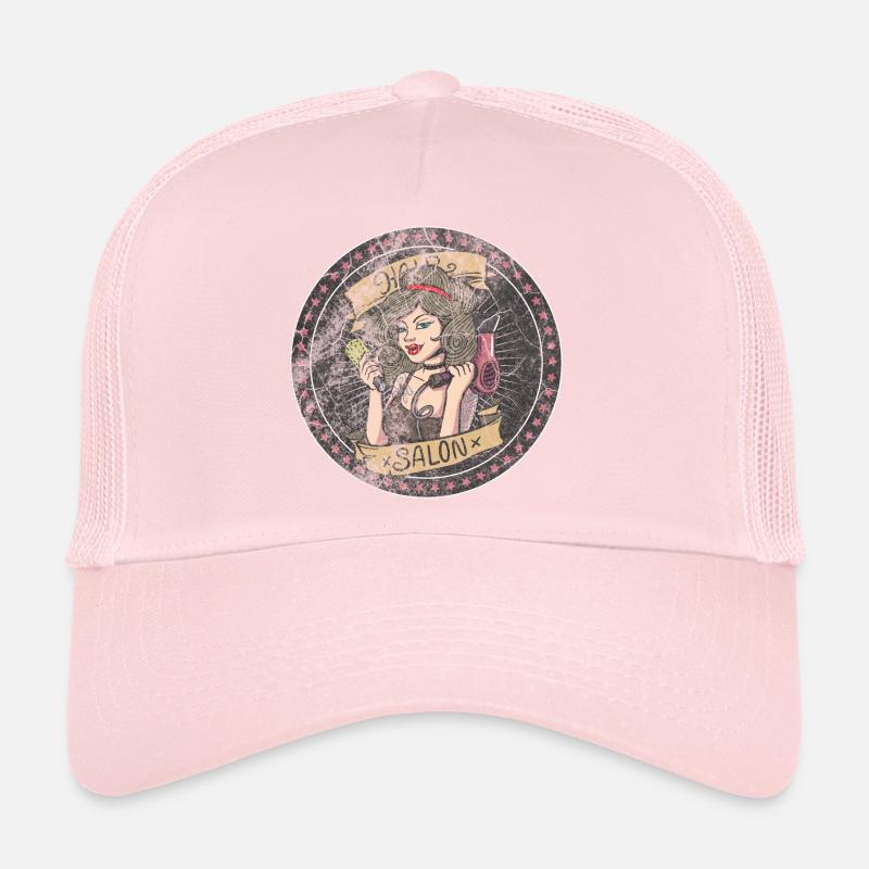 Salon de coiffure Coiffeuse amicale sèche-cheveux Casquette trucker 