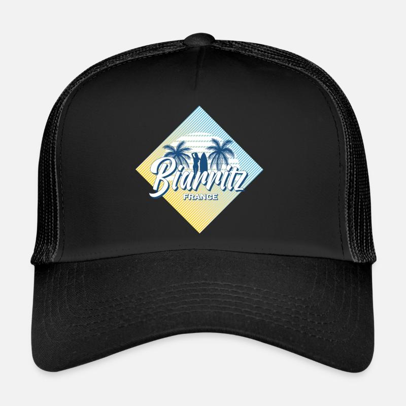 Biarritz Frankreich Retro Sommer Surfing Design - Trucker Cap - Schwarz/Schwarz