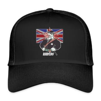 Bobbycorn, Einhorn England Bobby Polizist London - Trucker Cap - Schwarz/Schwarz - Vorne