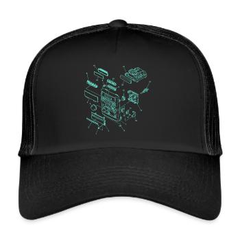 Retro Hifi Anlage Soundsystem Illustration - Trucker Cap - Schwarz/Schwarz - Vorne