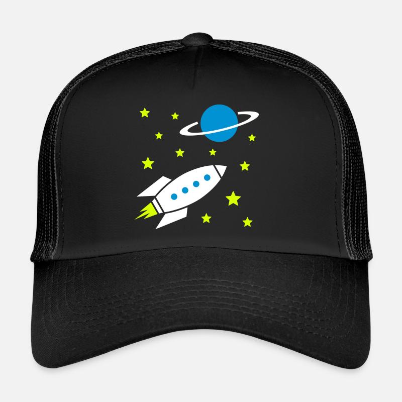 Spaceship, stars and planet with ring Trucker Cap