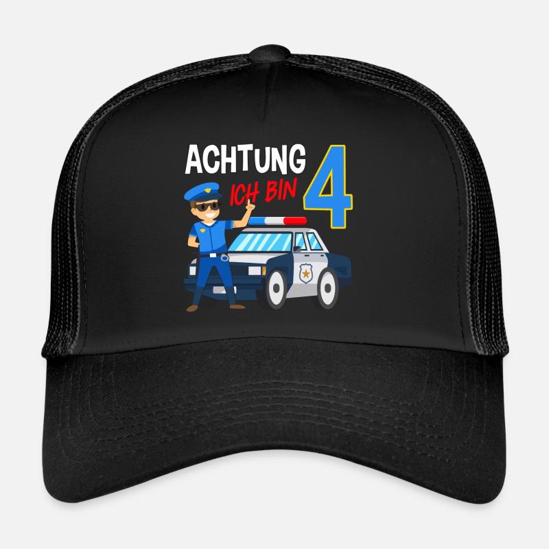 4. Geburtstag Polizei Auto 4 Jahre alt Polizist - Trucker Cap - Schwarz/Schwarz
