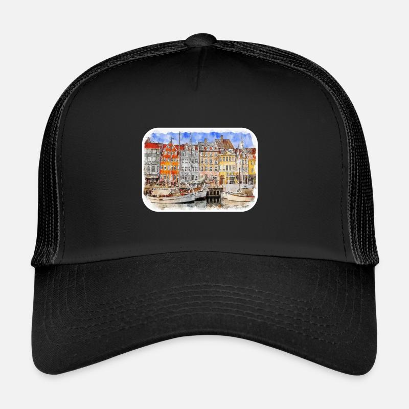 Copenhague Danemark Aquarelle Sketch Illustration Casquette trucker 