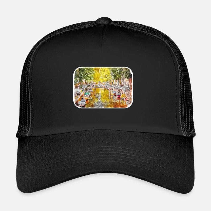 Amsterdam Pays-Bas Aquarelle Dessin d’esquisse Casquette trucker 