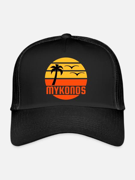 Mykonos (sun, palm tree, birds) - Trucker Cap - black/black - Front