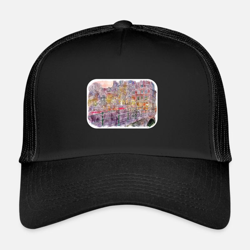 Amsterdam Pays-Bas Aquarelle Dessin d’esquisse Casquette trucker 