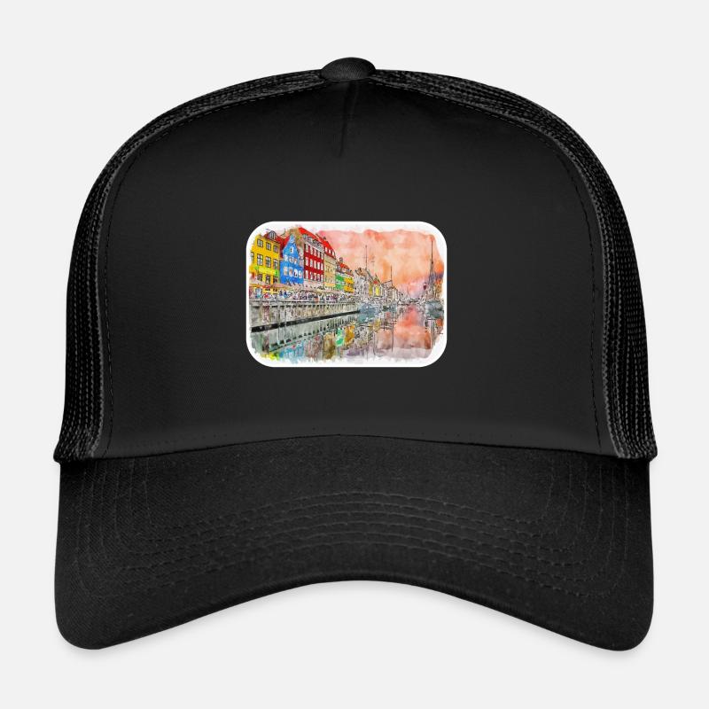 Copenhague Danemark Aquarelle Sketch Illustration Casquette trucker 