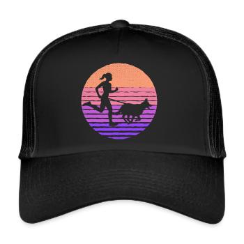 Retro Canicross Läuferin Geländelauf mit Hund - Trucker Cap - Schwarz/Schwarz - Vorne