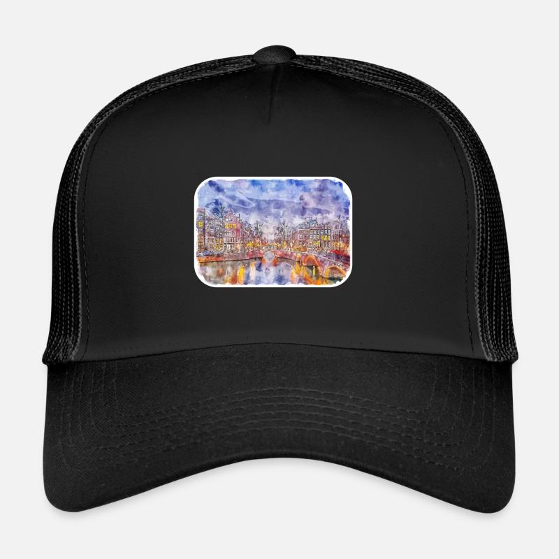 Amsterdam Pays-Bas Aquarelle Dessin d’esquisse Casquette trucker 