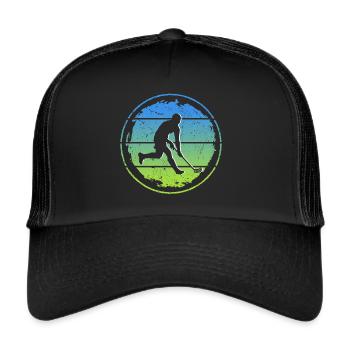 Unihockey Spieler Retro Floorballspieler Floorball - Trucker Cap - Schwarz/Schwarz - Vorne