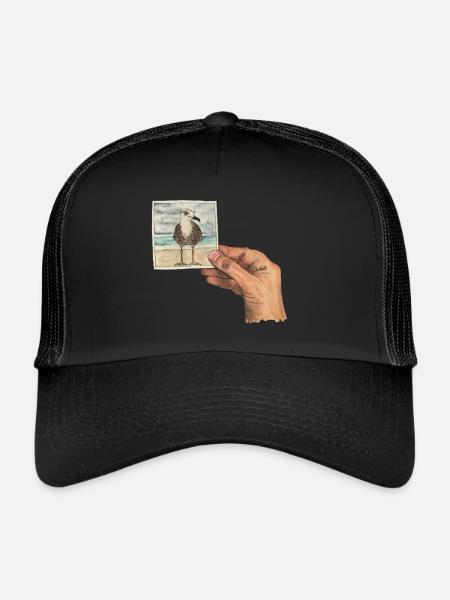 Main avec photo d'une mouette - Casquette trucker  - noir/noir - Devant